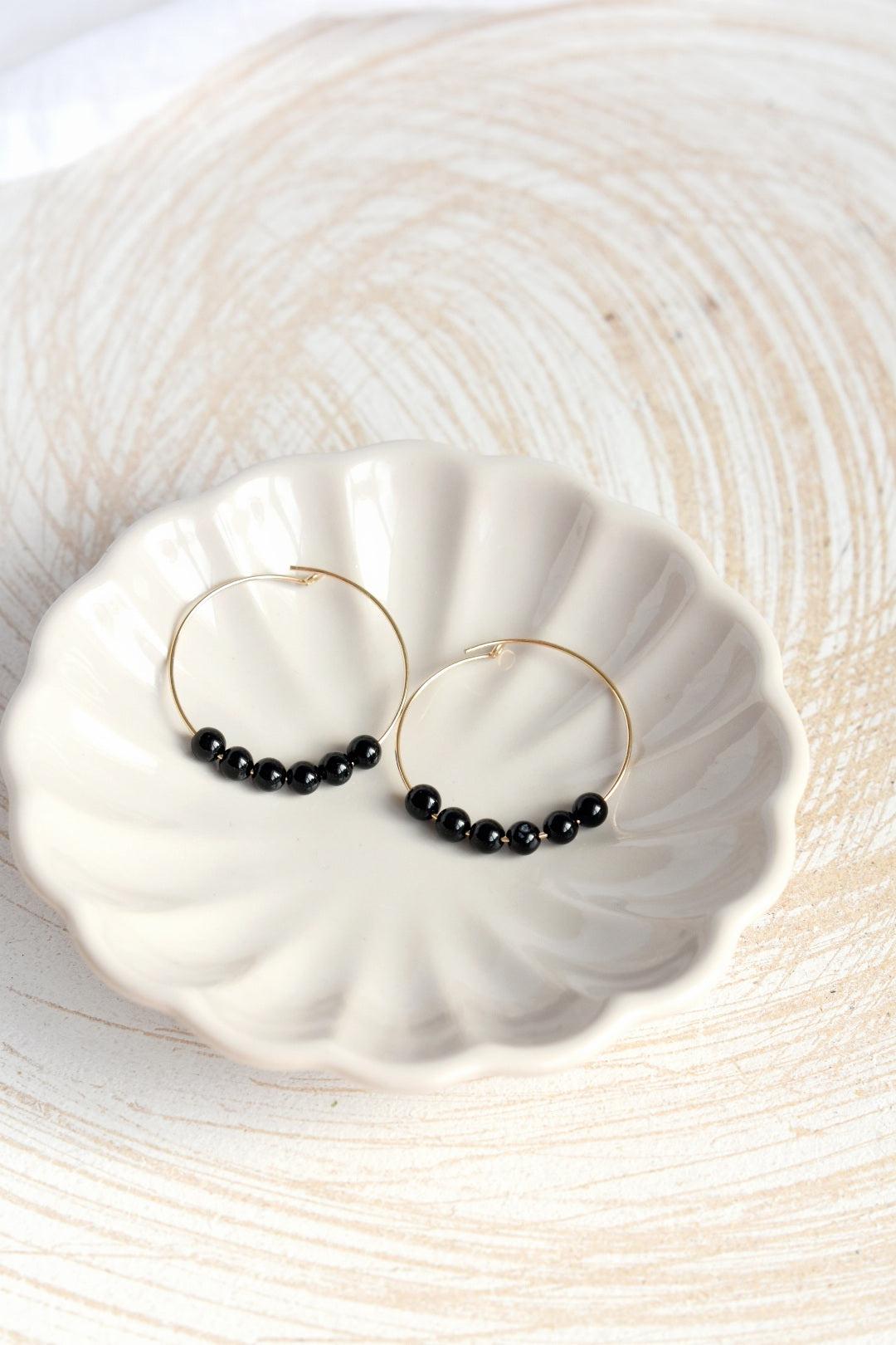 Black Onyx Gemstone Midi Hoop Earrings-earrings-January Eleven