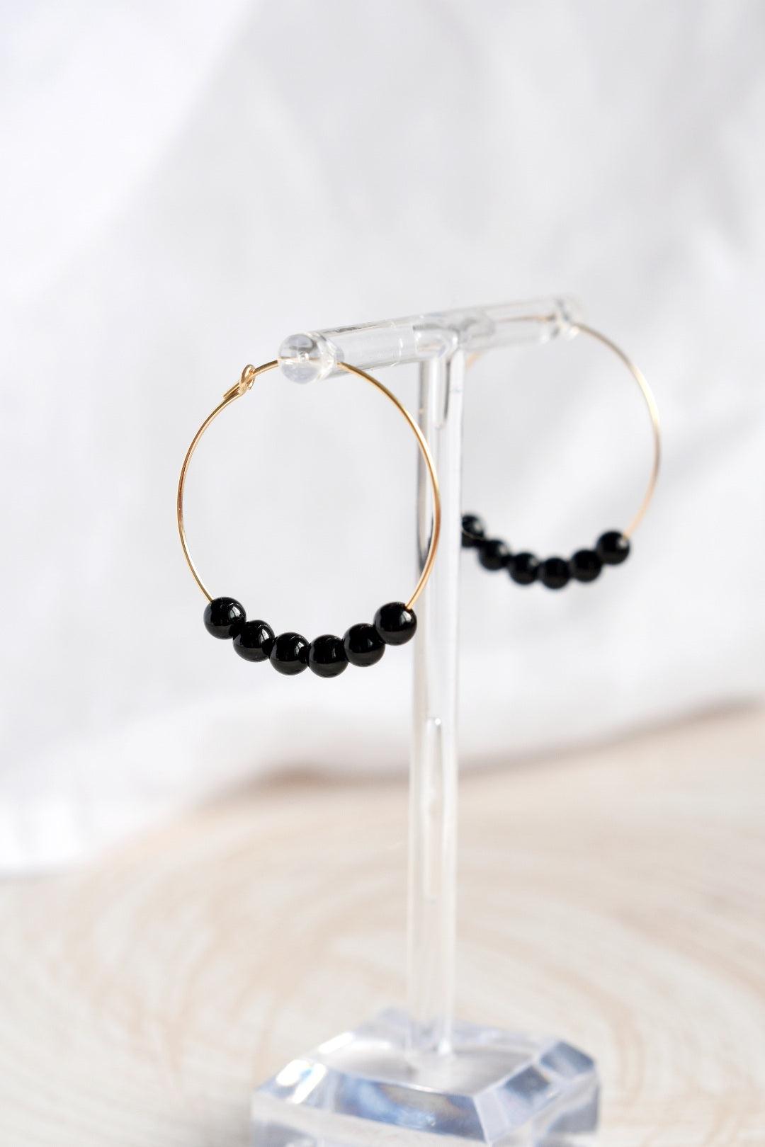 Black Onyx Gemstone Midi Hoop Earrings-earrings-January Eleven