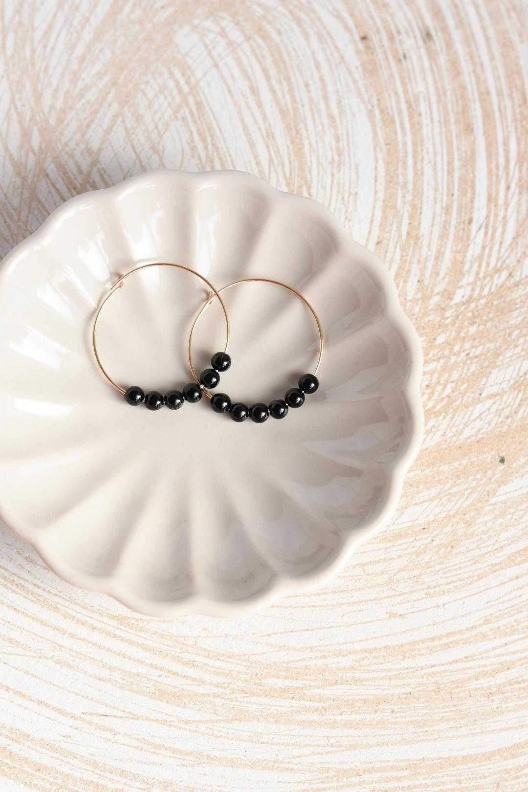 Black Onyx Gemstone Midi Hoop Earrings-earrings-January Eleven