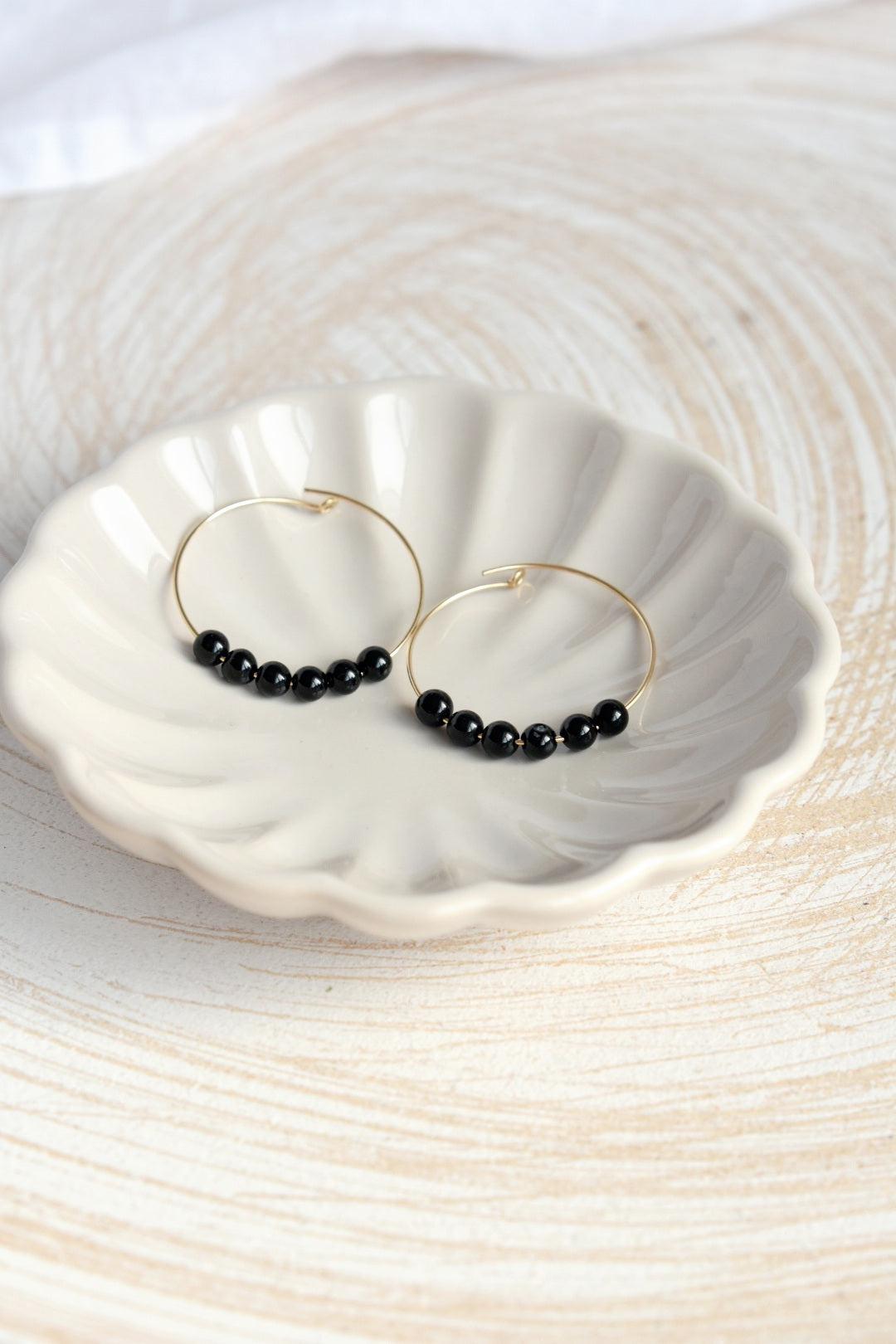 Black Onyx Gemstone Midi Hoop Earrings-earrings-January Eleven