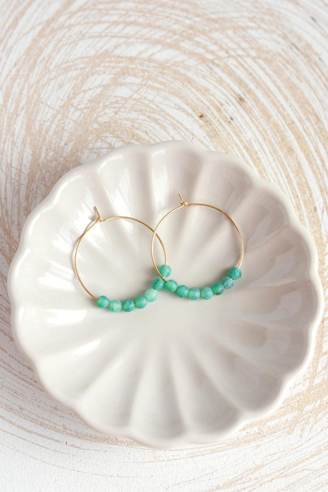 Cracked Green Agate Gemstone Midi Hoop Earrings-earrings-January Eleven