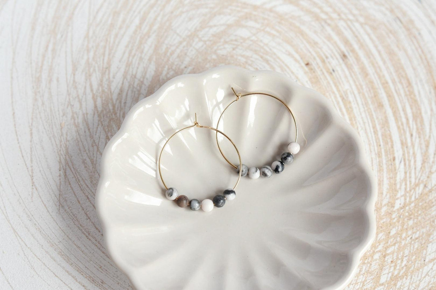Pink Zebra Jasper Gemstone Midi Hoop Earrings-earrings-January Eleven