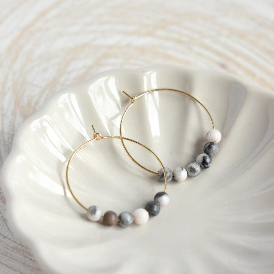 Pink Zebra Jasper Gemstone Midi Hoop Earrings-earrings-January Eleven