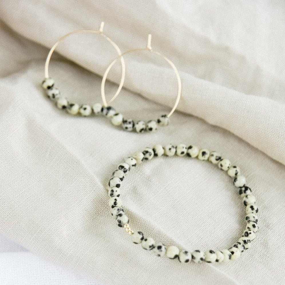 Gold and Dalmatian Jasper Gemstone Midi Hoop Earrings-earrings-January Eleven