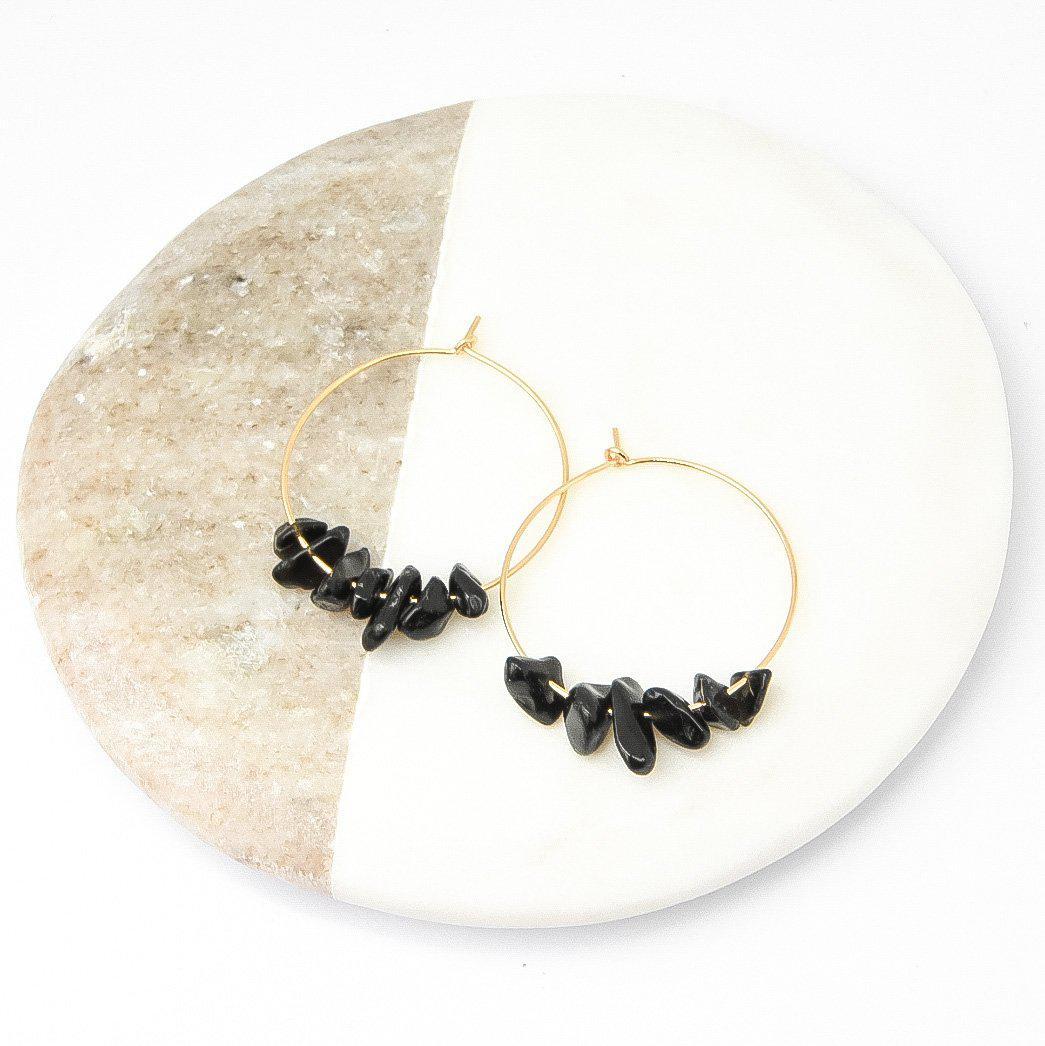 Gold and Black Stone Midi Hoop Earrings-earrings-January Eleven