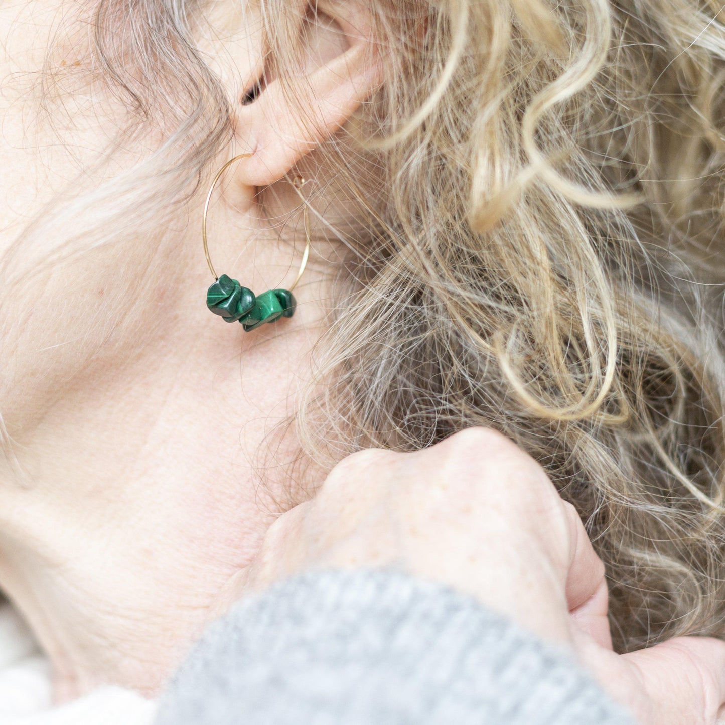Gold and Green Malachite Midi Hoop Earrings-earrings-January Eleven