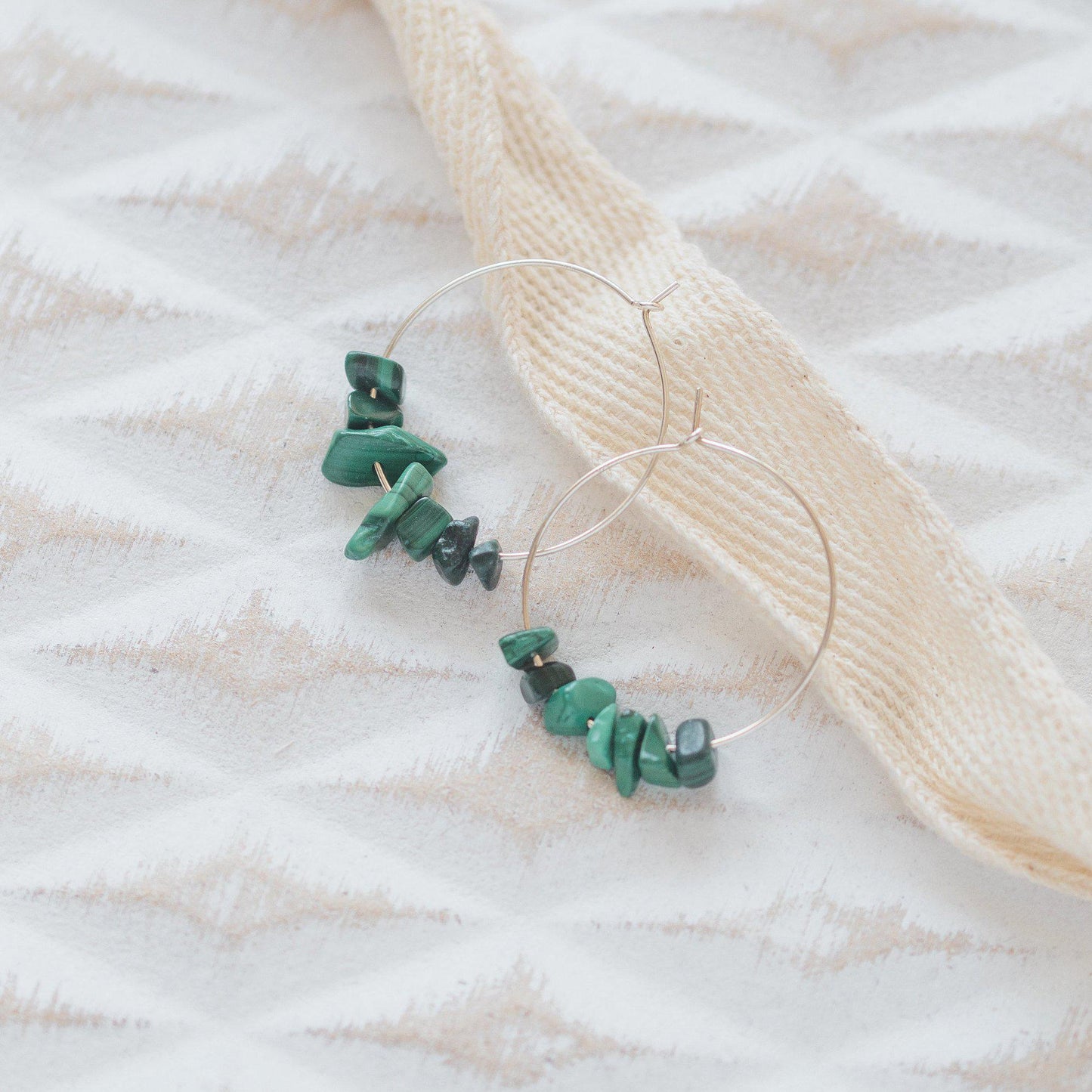 Sterling Silver and Green Malachite Midi Hoop Earrings-earrings-January Eleven