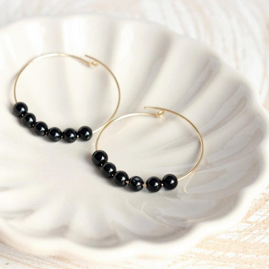 Black Onyx Gemstone Midi Hoop Earrings-earrings-January Eleven