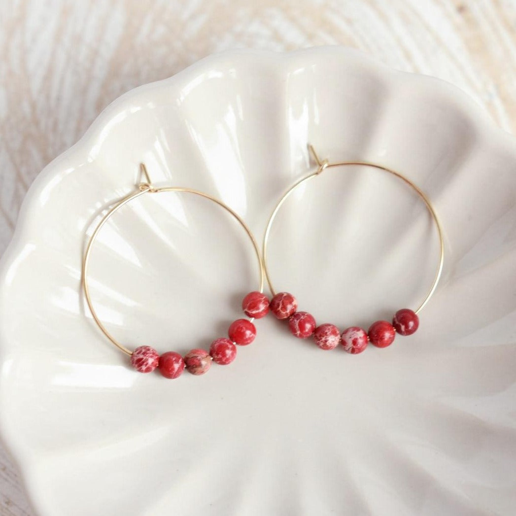 Red Jasper Gemstone Midi Hoop Earrings-earrings-January Eleven