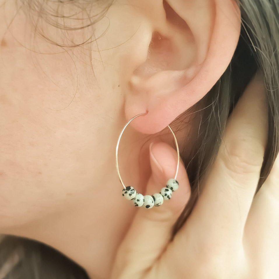 Gold and Dalmatian Jasper Gemstone Midi Hoop Earrings-earrings-January Eleven