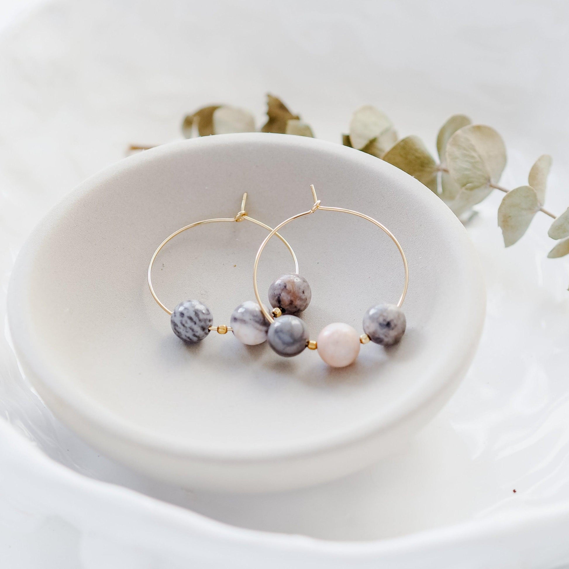 Gold and Pink Jasper Marbled Midi Hoops-earrings-January Eleven