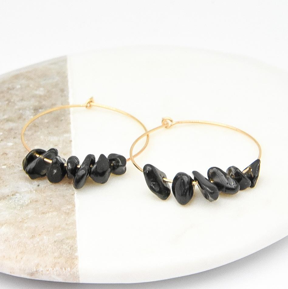 Gold and Black Stone Midi Hoop Earrings-earrings-January Eleven