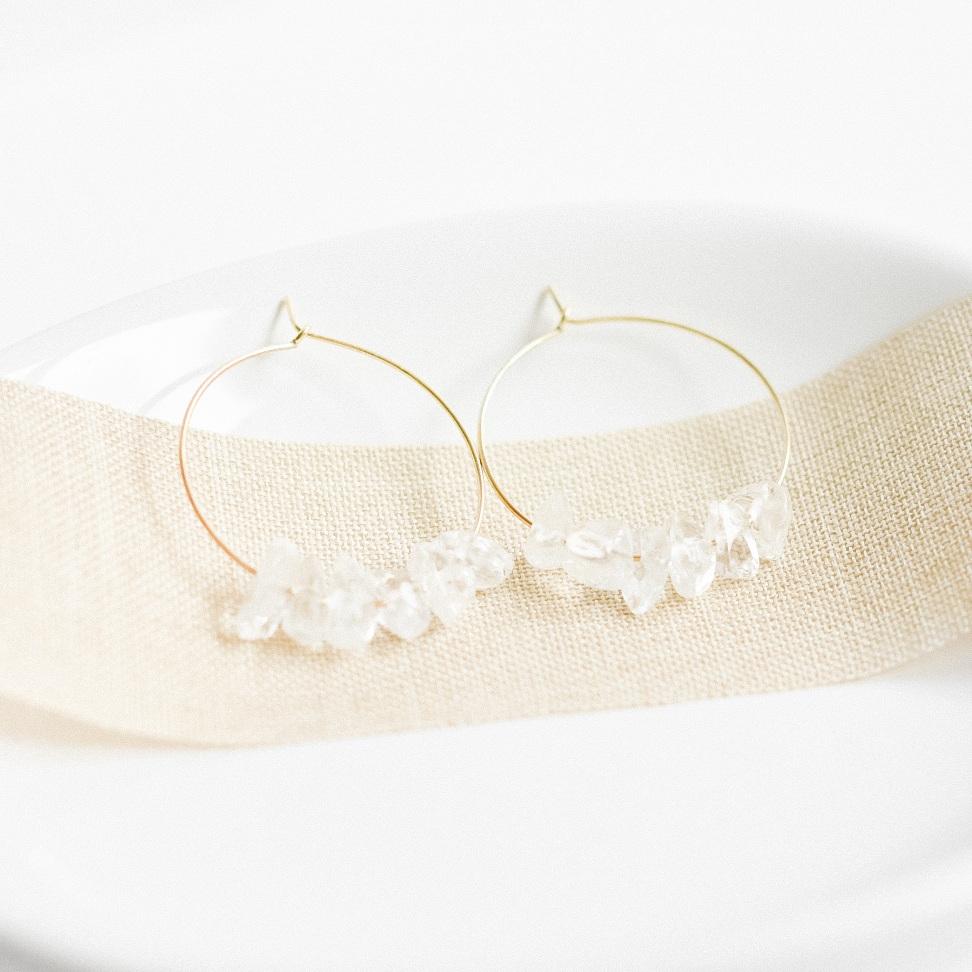 Gold and Clear Quartz Gemstone Midi Hoop Earrings-earrings-January Eleven