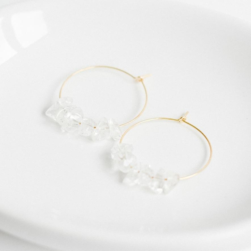 Gold and Clear Quartz Gemstone Midi Hoop Earrings-earrings-January Eleven