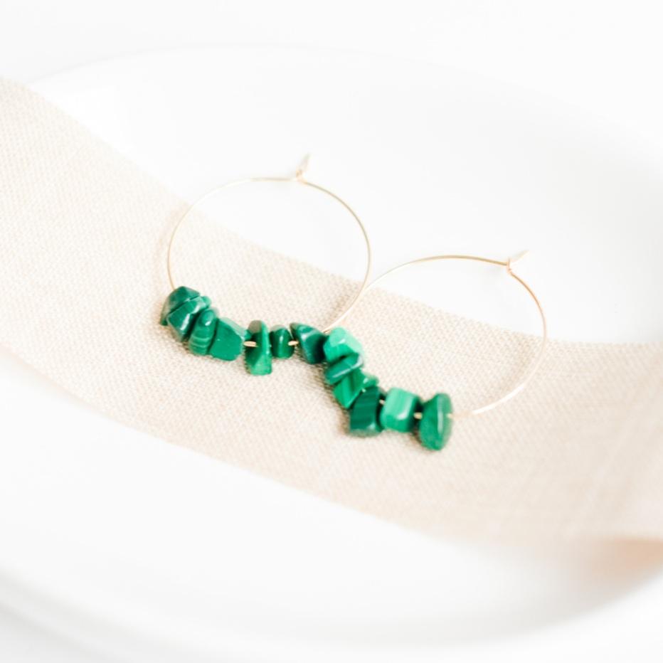 Gold and Green Malachite Midi Hoop Earrings-earrings-January Eleven