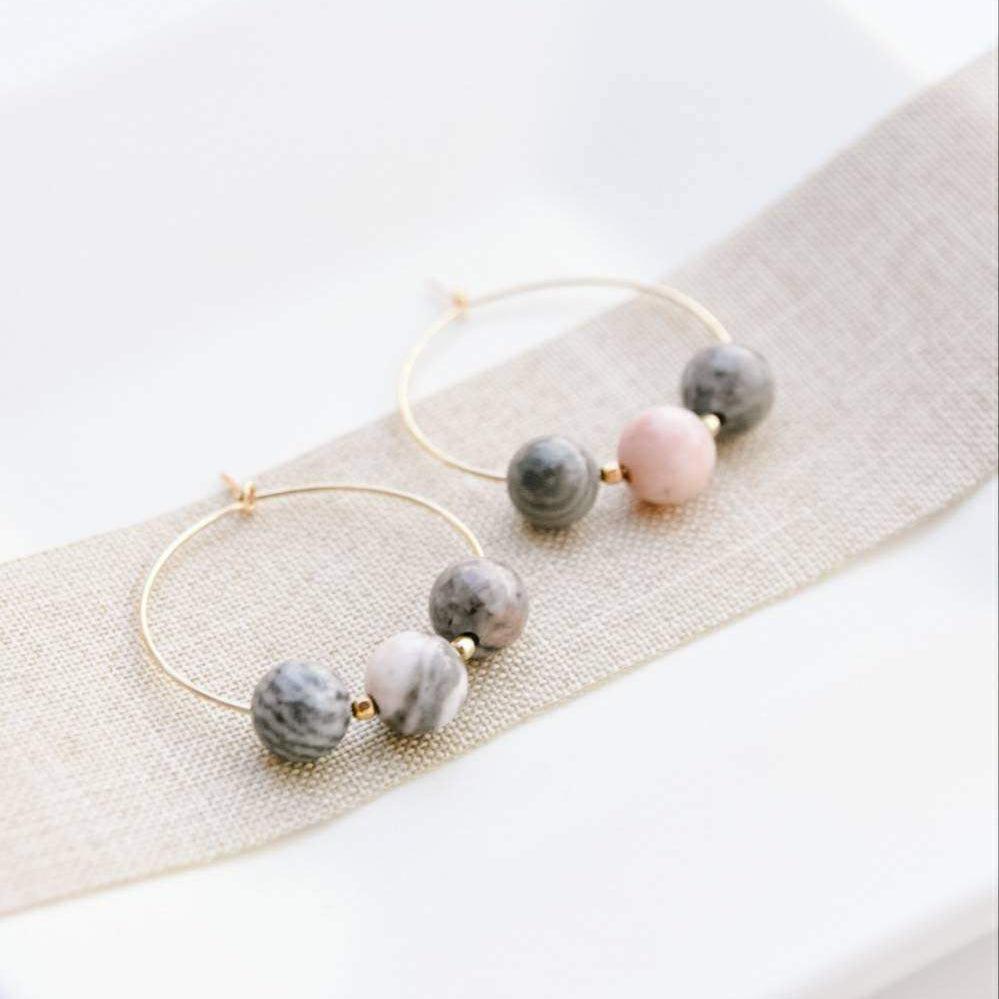 Gold and Pink Jasper Marbled Midi Hoops-earrings-January Eleven