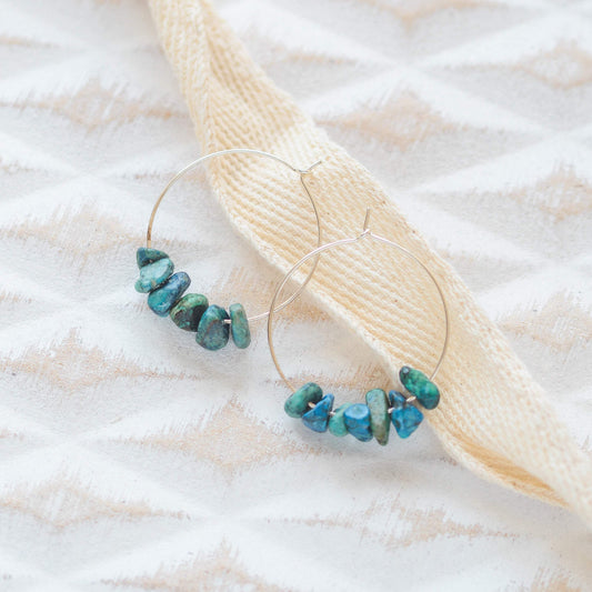 Green Blue Chrysocolla Midi Hoop Earrings in Gold-earr-January Eleven