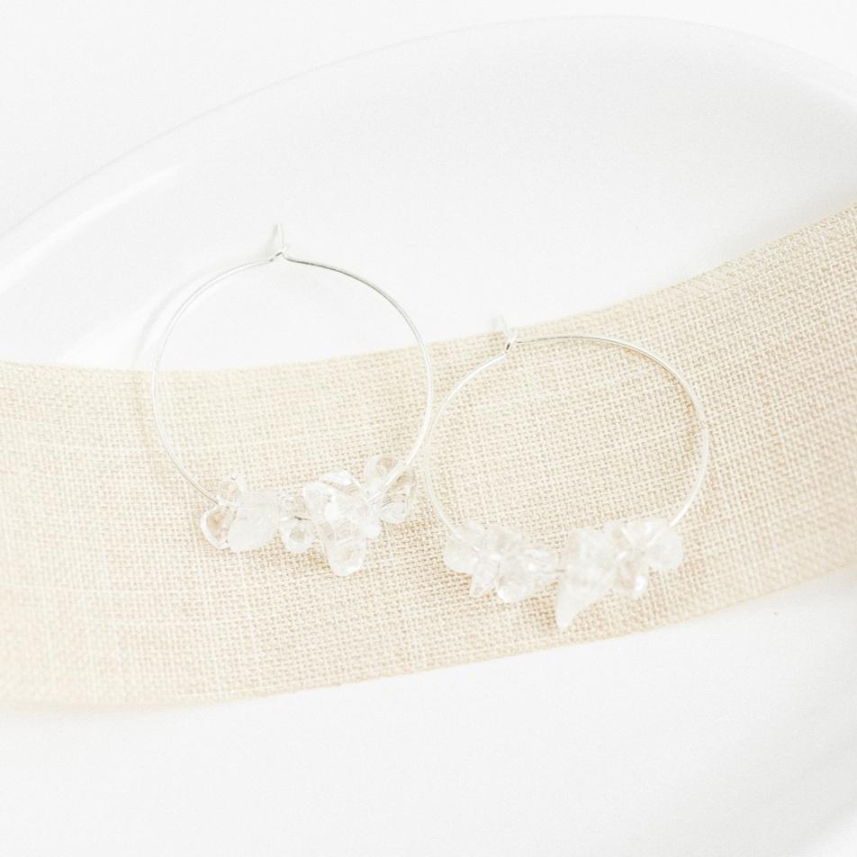 Silver and Clear Quartz Midi Hoop Earrings-earrings-January Eleven