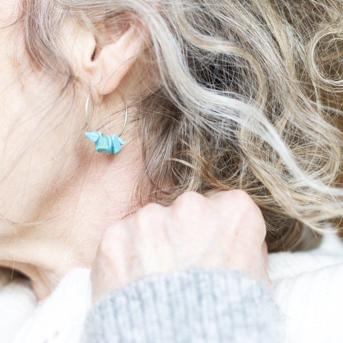 Silver and Turquoise Midi Hoop Earrings-earrings-January Eleven