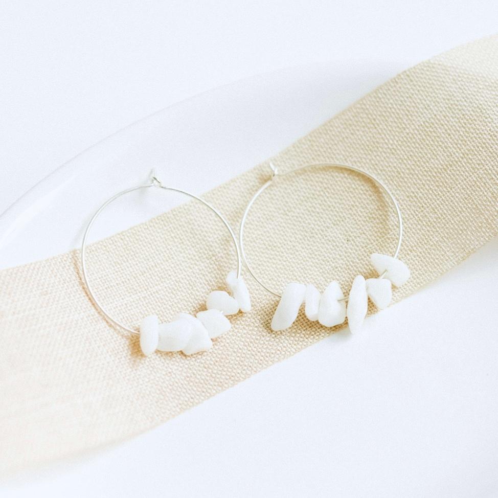 Silver and White Agate Midi Hoop Earrings-earrings-January Eleven