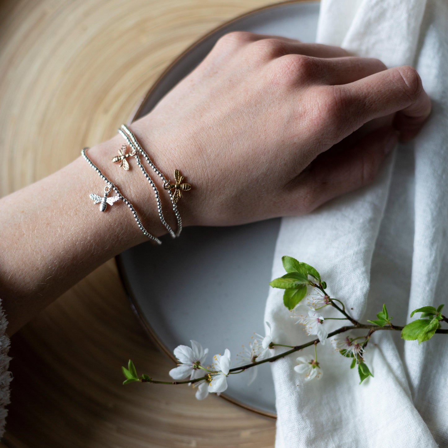 Sterling Silver and Rose Gold Bee Charm Beaded Bracelet-bracelet-January Eleven